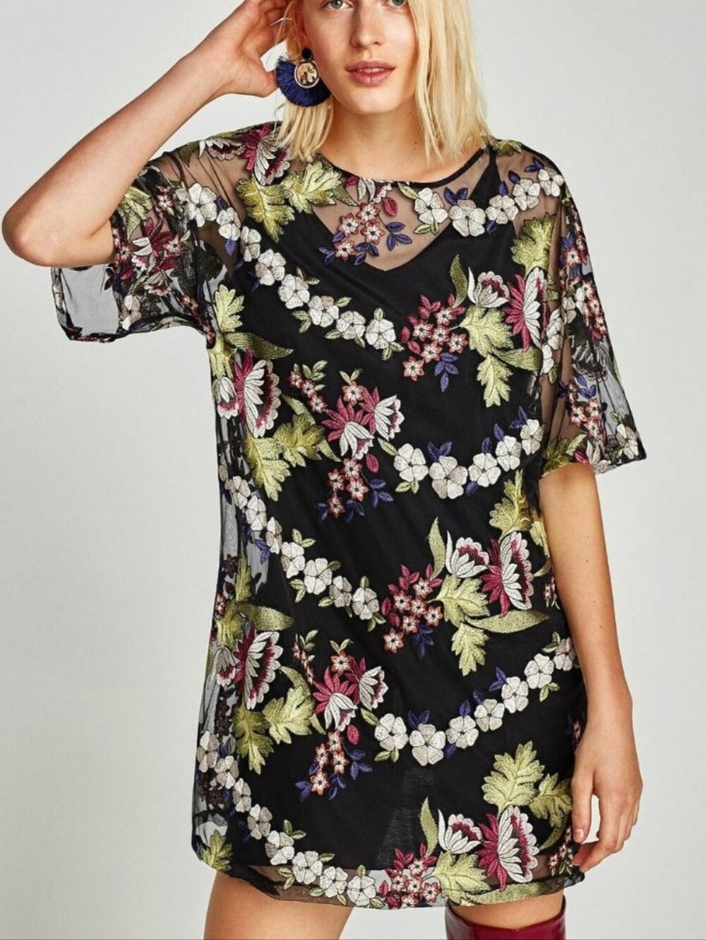 Zara Black Sheer Dress with Multicolor Floral Embroidery